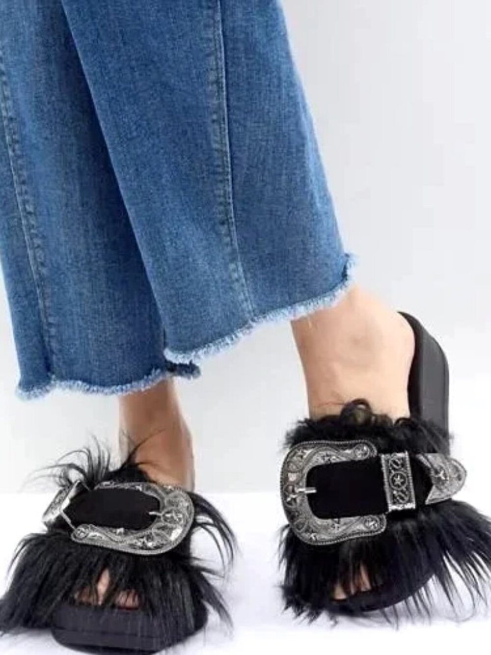 JEFFREY CAMPBELL Black Fur WESTERN BELT BUCKLE Platform SLIDES 9 Whimsygoth Y2K - Picture 2 of 8